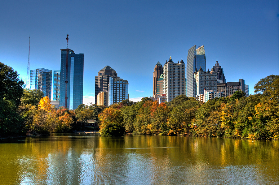 Atlanta Georgia Skyline Over Autumn Lake